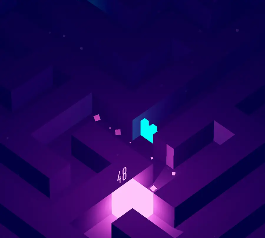 Dark isometric corridor lit by violet crystals, from Maze Dungeon