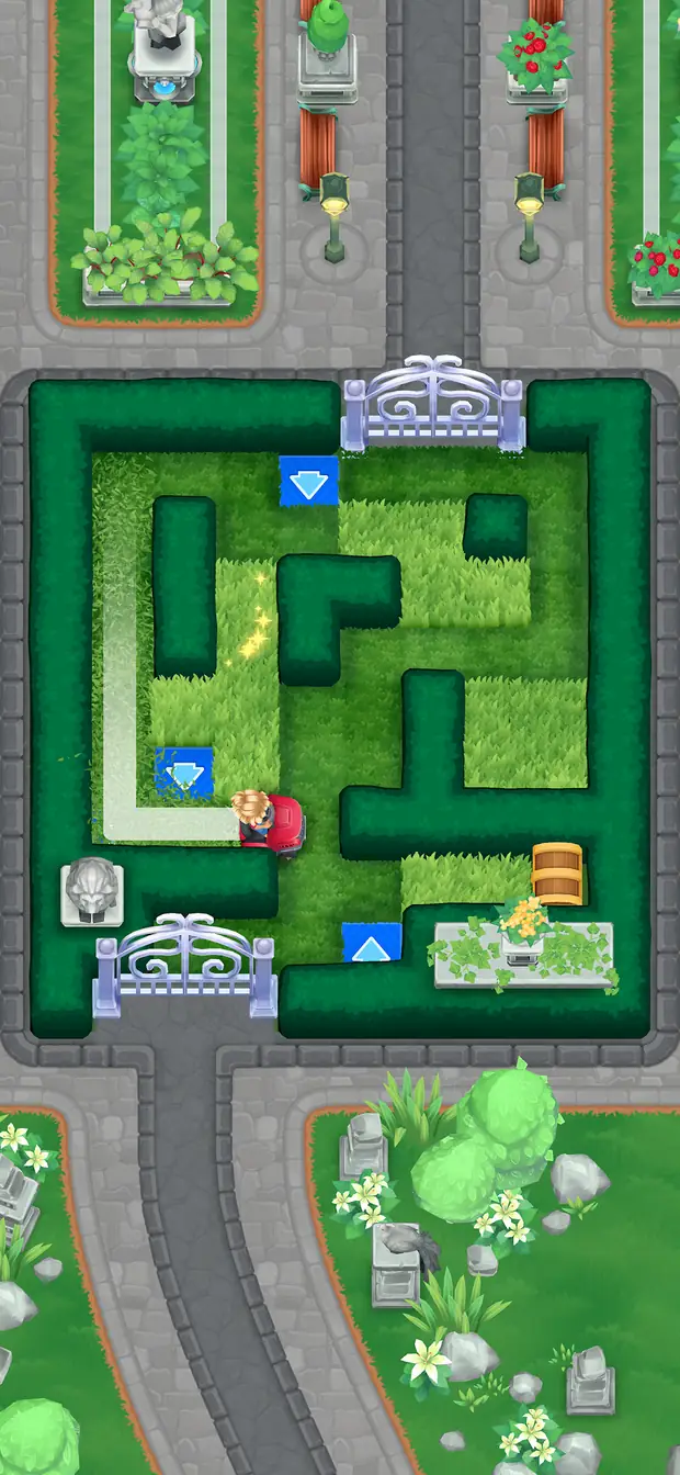 Top-down hedge maze level in Mowing Mazes